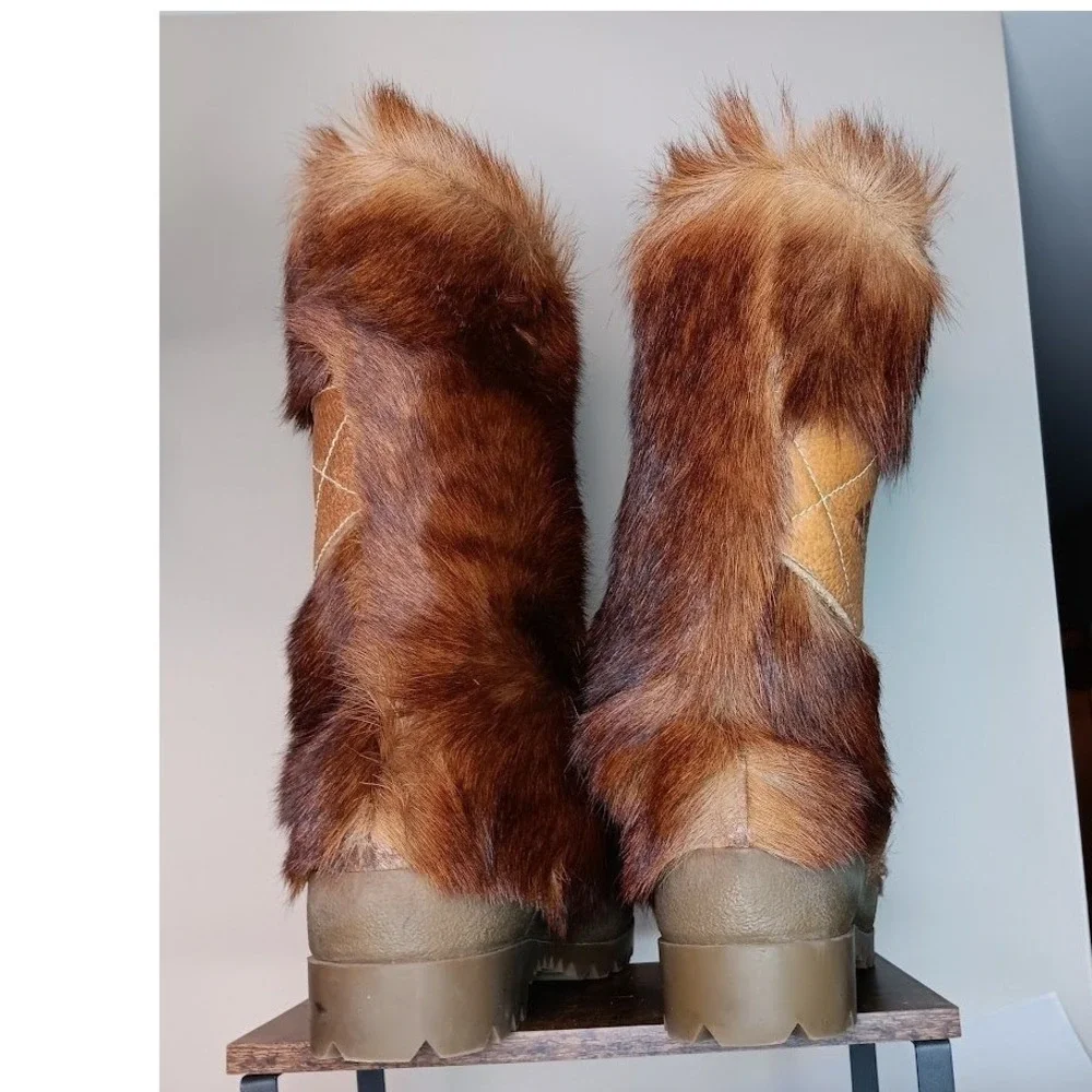 La Mondiale Grand Pioneer Boots Women 12.5 13 Brown Fur Italian Made Statement - Picture 3 of 10